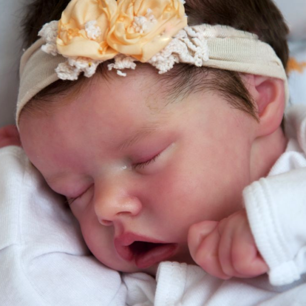 Realistic Reborn Eyes Blinking 17" Silicone Vinyl Newborn Sleeping Baby Doll Girl Named Kara with Hand-Rooted Borwn Hair